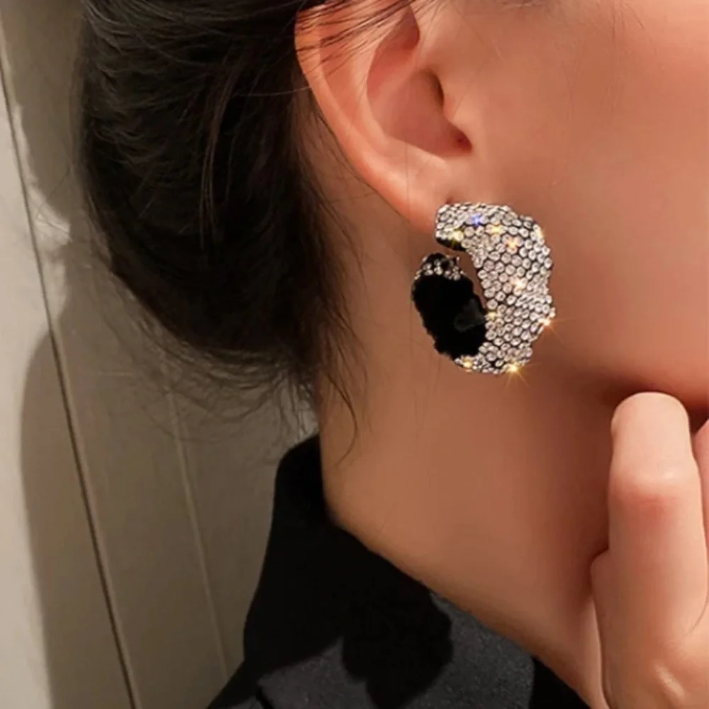 Black Full Rhinestone Hoop Earrings - Picture 3 of 5